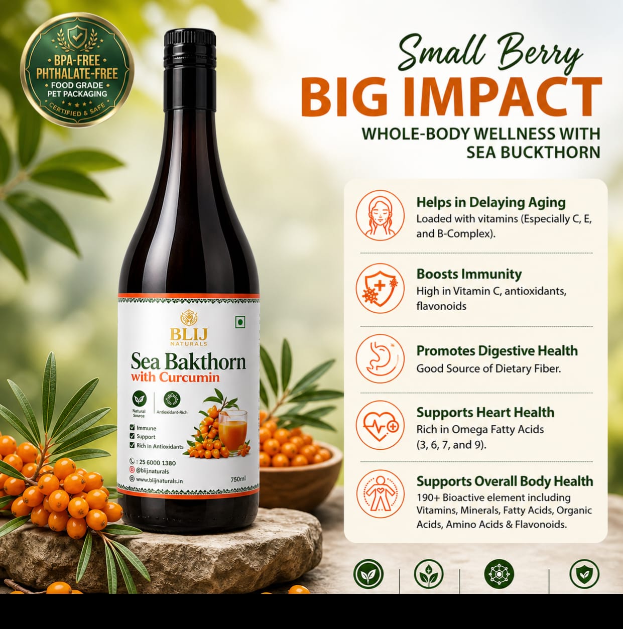 BLIJ Sea Buckthorn Juice | Pulp Concentrate (500 ml) Made for your Total Body Care & Wellness  , Rich in Vitamin C, Omega 3, 6, 7 & 9 , Loaded with Powerful Antioxidants , Supports Immunity, Skin & Heart Health , Suitable for Men & Women - Detail View